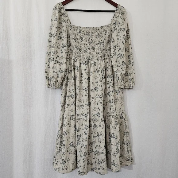 Orange Creek Long Sleeve Square Neck Ruched Midi Dress in Cream & Blue Floral - Picture 2 of 3